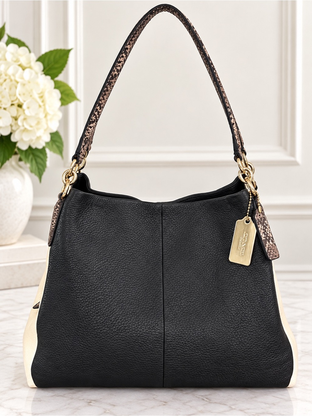 Coach Madison Phoebe Ivory Black Snakeskin Pebbled Leather Shoulder Bag